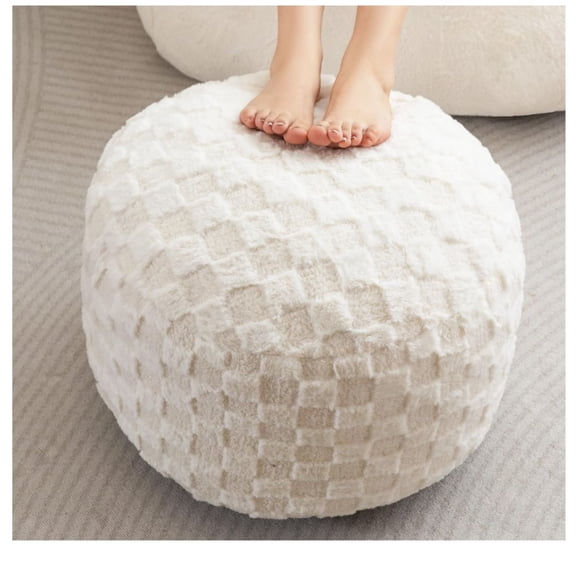 Round Stuffed Pouf Ottoman, Plaid Poufs with Foam Chunk Filling, Fluffy and Furry Pouf Foot Stool Storage Ottoman, 20 X 15 Floor Poufs Foot Rest for Living Room, Beige