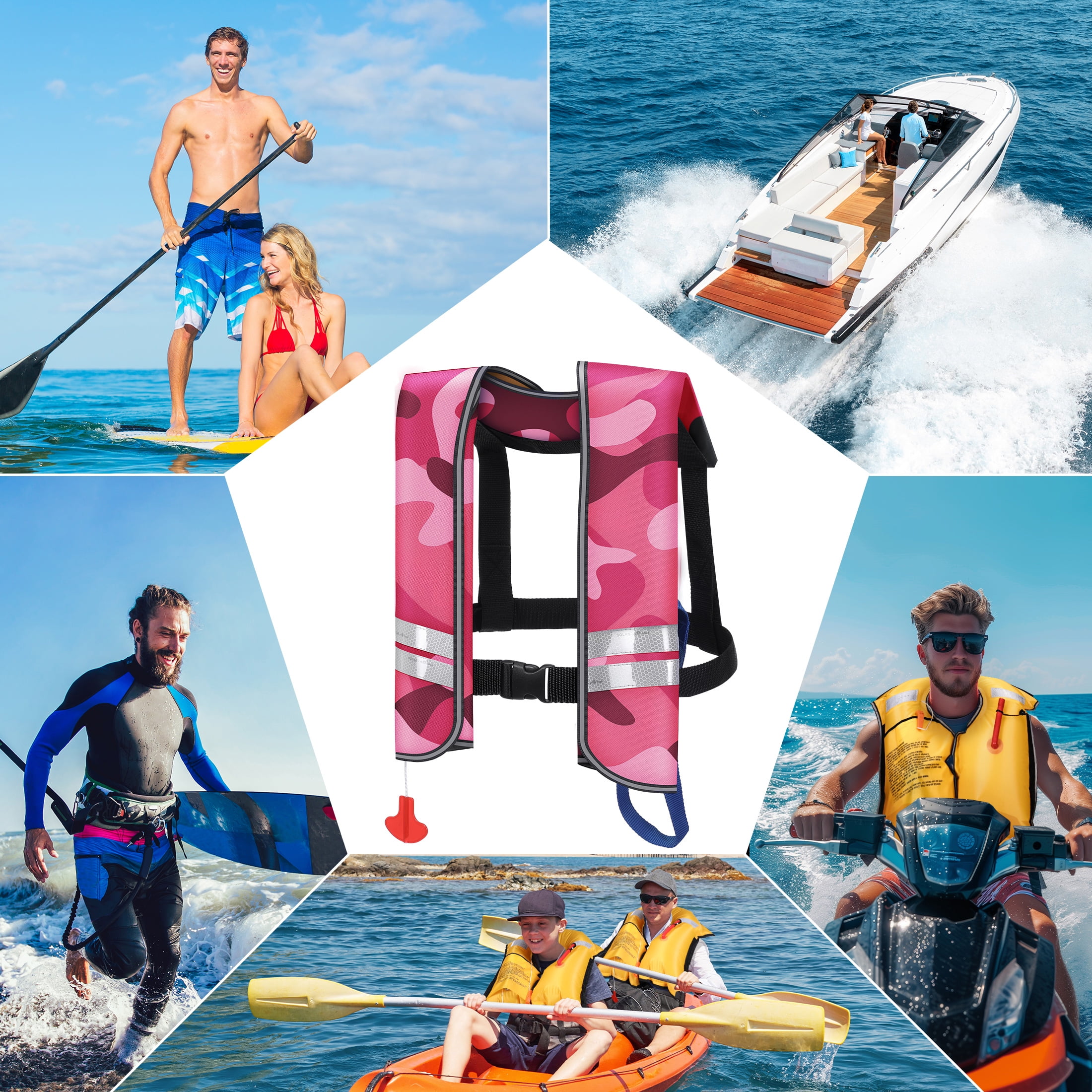 WARMOUNTS Automatic Inflatable Life Jacket w/ 5 Reflectors & Whistle, Adult PFD Survival Buoyancy Vest for Boating Fishing Sailing Kayaking for Men Women Max Waist Size: 50''