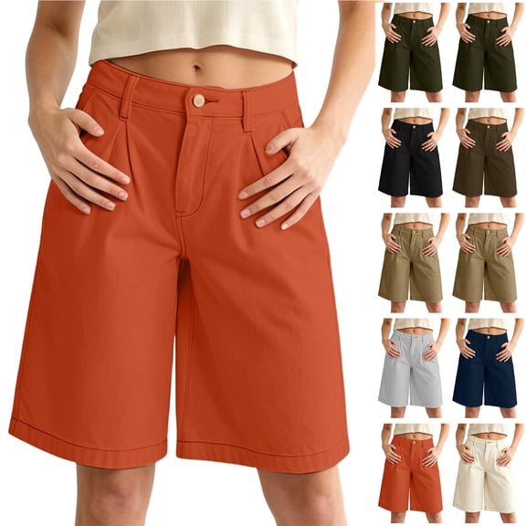 Bloomae Bermuda Shorts for Women Knee Length High Waisted Button Elastic Waist Summer Dressy Casual Pleated Long Chino Shorts with Pockets