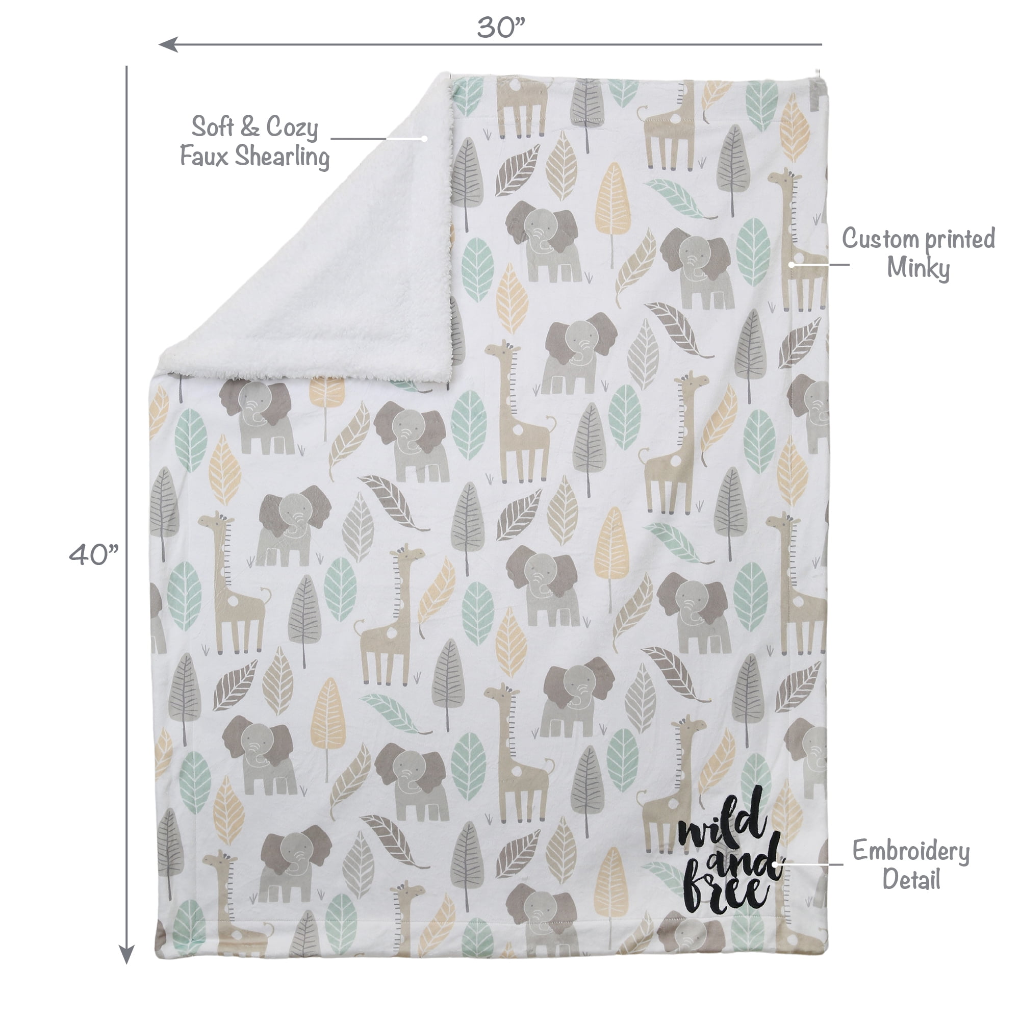 Lambs & Ivy Jungle Friends Elephant/Giraffe Safari Soft Fleece Baby Blanket