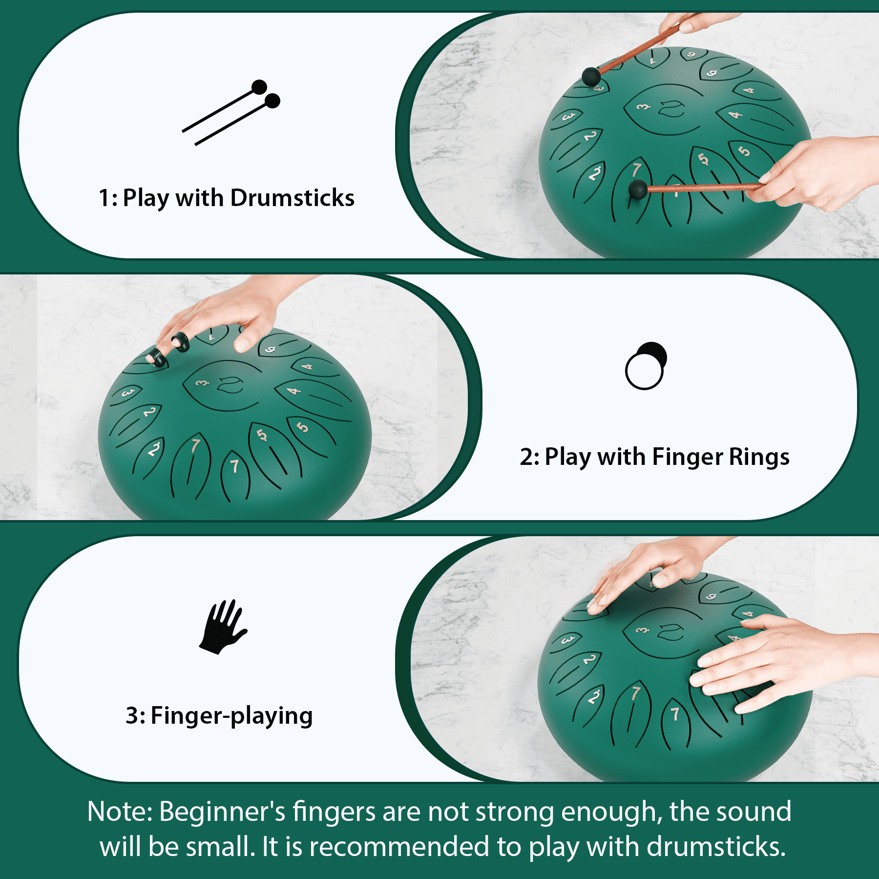 Lidguni 12" 15-Notes C Major Rain Drum, Tongue Pan Drums for Kids Adults, Green