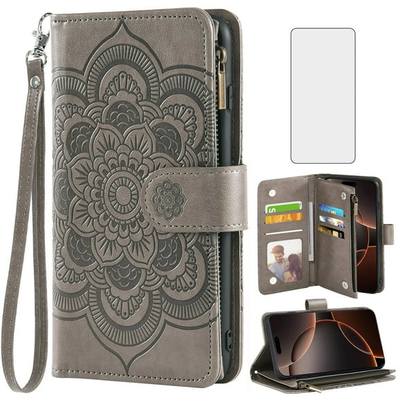 Compatible with iPhone 16 Pro 6.3 inch Wallet Phone Case and Tempered Glass Screen Protector Flower Faux Leather Flip Credit Card Holder Stand Zipper Cell Cover for i Phone16 i16 16Pro Women Grey