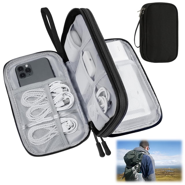 Electronics Accessories Organiser Bag, Travel Cable Organiser Bag, Waterproof Portable Double Layers Travel Gadget Carry Pouch For Cable, Power Bank, Charger, Memory Card, Headphone - Black