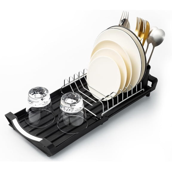 Extendable Dish Drying Rack, Stainless Steel, Over Sink or Counter, with Utensil Holder