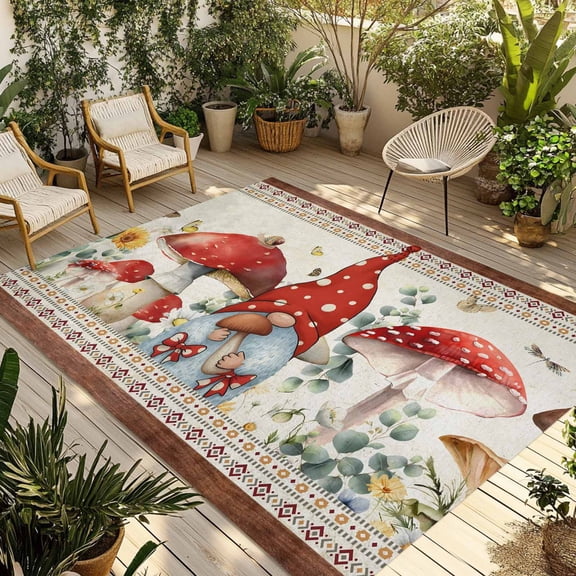 Red Mushroom Gnomes Outdoor Rug for Patio/Deck/Porch, Non-Slip Large Area Rug 4 x 6 Ft, Vintage Botanical Elegant Pastoral Indoor Outdoor Rugs Washable Area Rugs, Reversible Camping Rug Carpet Runner