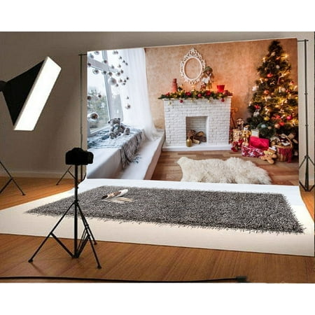 Image of MOHome Christmas Decoration Backdrop 7x5ft Photography Backdrop Xmas Tree Gifts Fireplace Doll Wooden Floor Carpet Curtain Festival Celebration Children Baby Kids Photos Video Studio Props