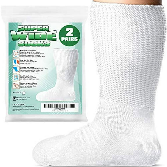 2-Pack One Size Unisex Extra Width Socks in White for Lymphedema - Bariatric Sock - Oversized Sock Stretches up to 30'' Over Calf for Swollen Feet & Legs