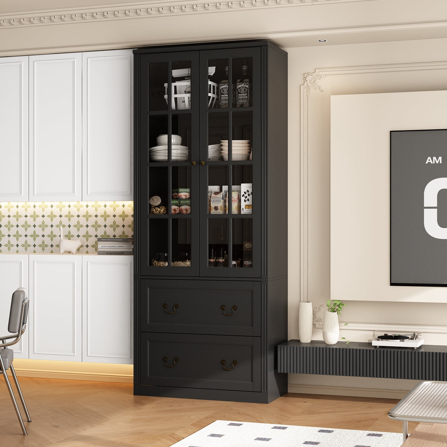 KULAGAGA Pantry Cabinet Kitchen Storage Cabinet with 2 Drawers & Glass Doors, Adjustable Shelves, Pantry and Kitchen Storage Black 15.7" D x 31.5”W x 78.7”H