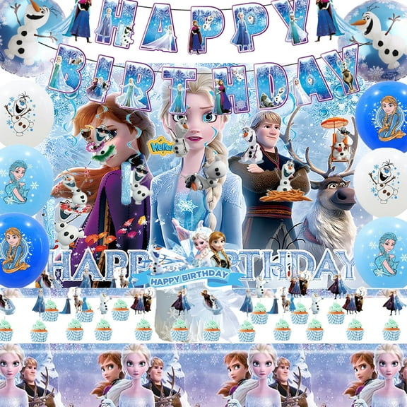Frozen Birthday Decorations,Frozen Party Supplies Set Include Banner, Backdrop, Balloons, Hanging Swirls, Cake Cupcake Toppers, Tablecloth, Party Decor Kit.