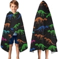 thumbnail image 3 of Black Cartoon Colorful Dinosaurs Skeletons Pattern Hooded Bath Towel，50"x30" for Ages 3 To 12 Kids, Quick Dry Lightweight Soft Microfiber Hood Beach Towel Cover Up for Kids, 3 of 7