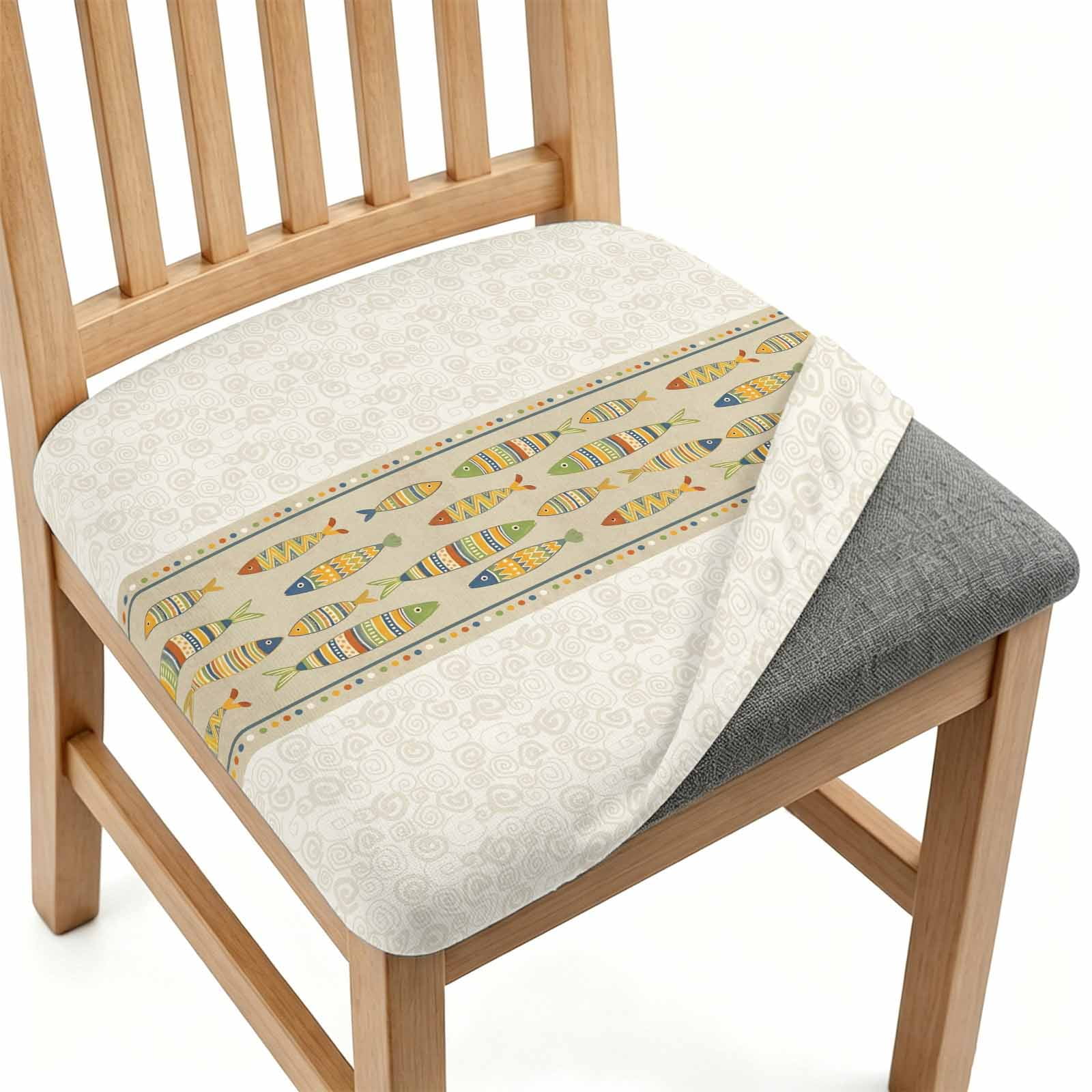 Coastal Fish Dining Chair Seat Slipcover 4 Pcs Retro Fish Horizontal Border Warm Beige Stretch Removable Stretch Seat Covers Washable Chair Protector Slipcover for Restaurant