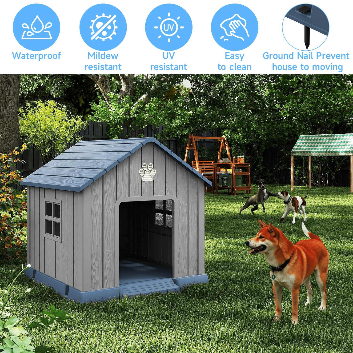 fazzn Durable Waterproof Resin Dog House for Small to Large Sized Dogs, Indoor Outdoor Doghouse Puppy Shelter with Elevated Floor, Easy to Assemble .Blue/Brown