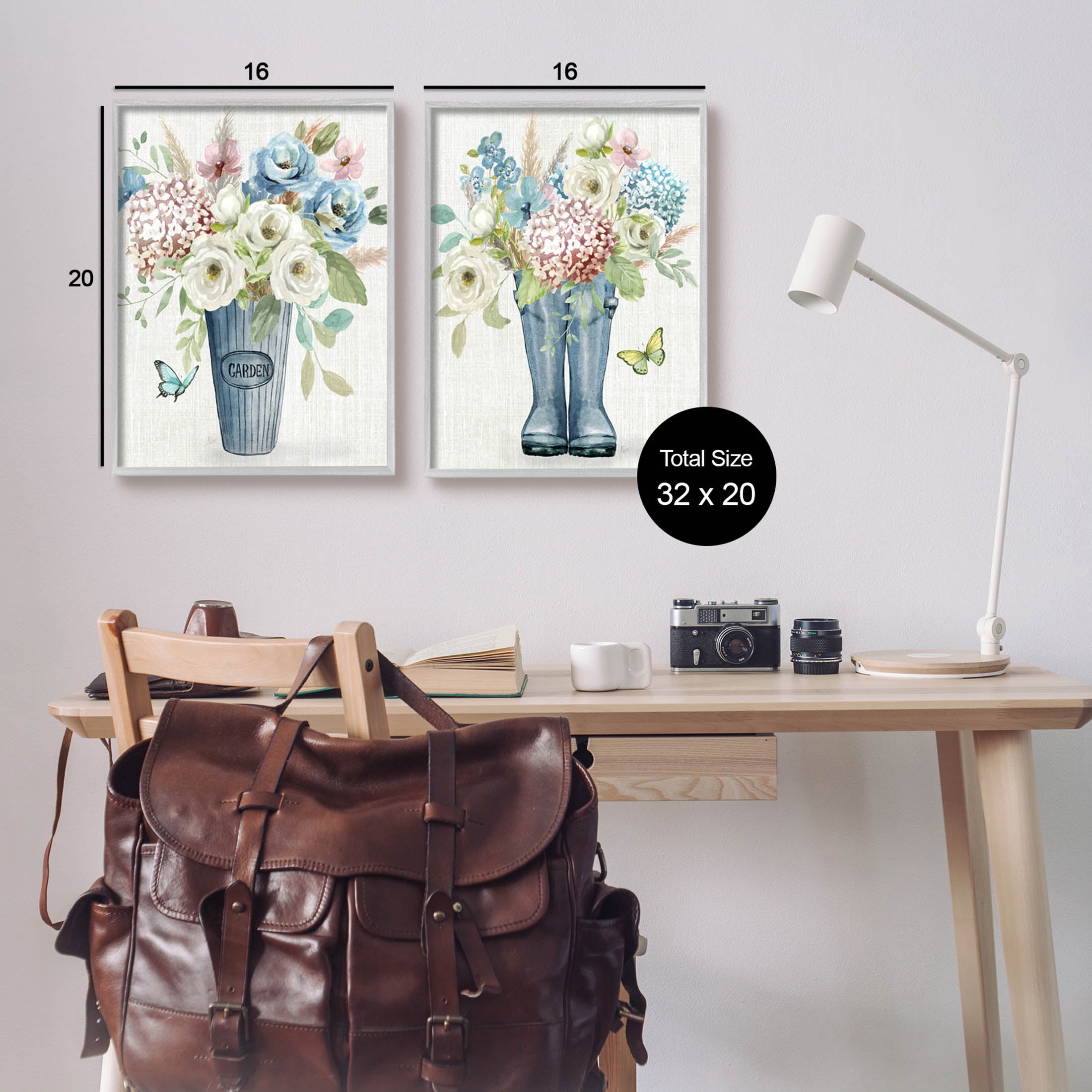 Country Garden Bouquets Rain Boots Botanical & Floral Graphic Art Gray Framed Art Print Wall Art, Set of 2