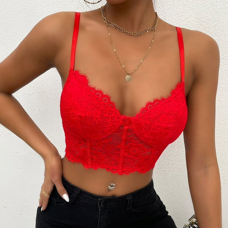 RYRJJ On Clearance Corset Tops for Women Summer Lace Bustier Tank Top Mesh  Sexy Vintage Spaghetti Strap Going Out Party Crop Tops(Red,S)