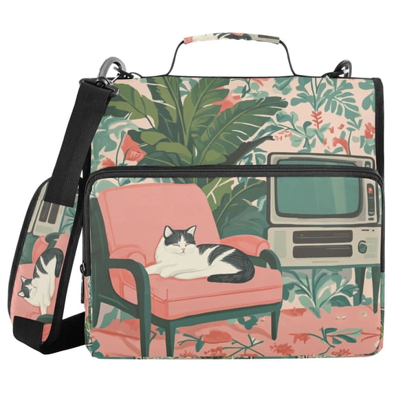 FORMRS Zipper Binder with Shoulder Strap 2-inch Ring 500 Sheet Capacity File Bag, Pink and White Cat