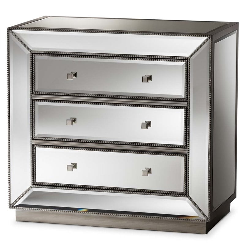 Hawthorne Collection Mirrored 3 Drawer Chest In Silver Walmart Com