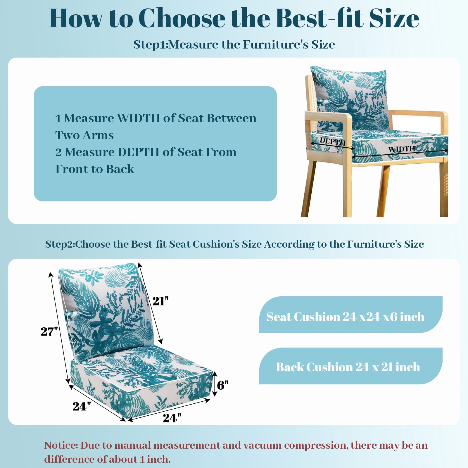 Outdoor Deep Seat Cushions Set, 24x24x6 inch, Fade Resistant, Waterproof Patio Chair Cushion with Backrest(Blue Enchantress)