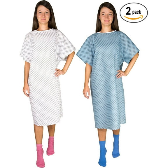2 Pack - Unisex Hospital Gowns (Blue and White) - Patient Gown