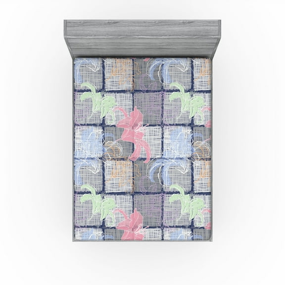 Ambesonne Floral Fitted Sheet, Drawing of Lily Pattern Art, California King, Indigo Pale Grey and Blush