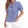 thumbnail image 2 of Stralyhd Button Down Shirts for Women Short Sleeve Cotton Linen Tops Plaid Blouses Casual Lightweight Outfits Blue L, 2 of 4