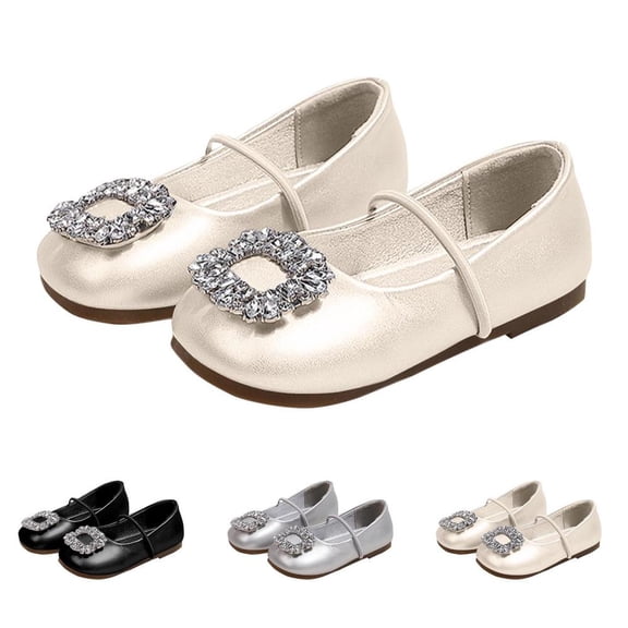 Bxsruta Girls Dress Shoes Mary Janes Flat Rhinestone Buckle Kids Party Shoes