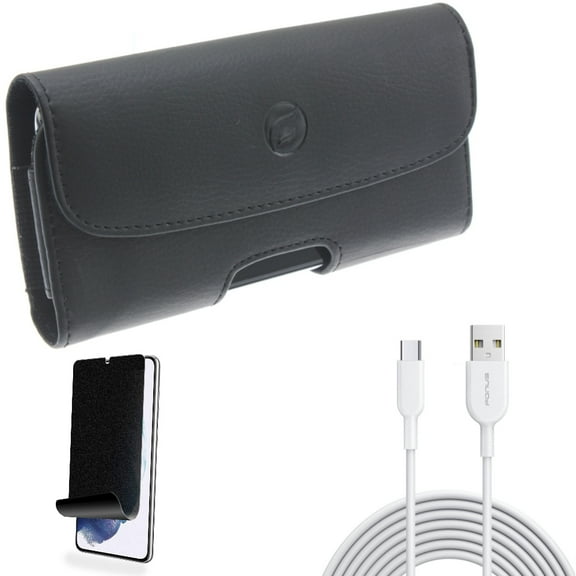 For Samsung Galaxy S21 (6.2") - [Fingerprint Works] TPU Film Privacy Screen Protector   Fast Charger Type-C 6ft USB-C Cable   Holster Leather Case Belt Clip