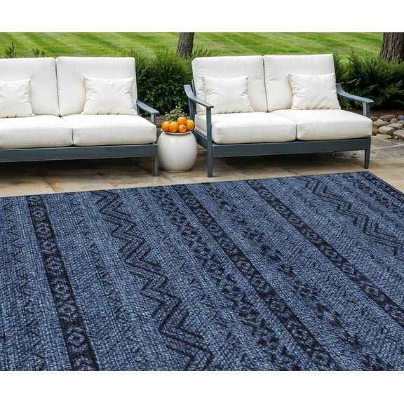 8' X 10' Navy Blue Southwestern Washable Indoor Outdoor Area Rug