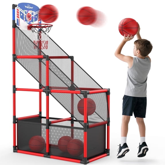Lenbar Kids Arcade Adjustable Basketball Hoop with LED Scoreboard, 4 Balls & Storage Net, Indoor Outdoor Game Set Ages 3-12