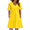 thumbnail image 3 of Summer Casual Dresses for Women A Line Sun Dress Ruffle Short Sleeve V Neck Tshirt Dress with Pockets Yellow 2XL, 3 of 6