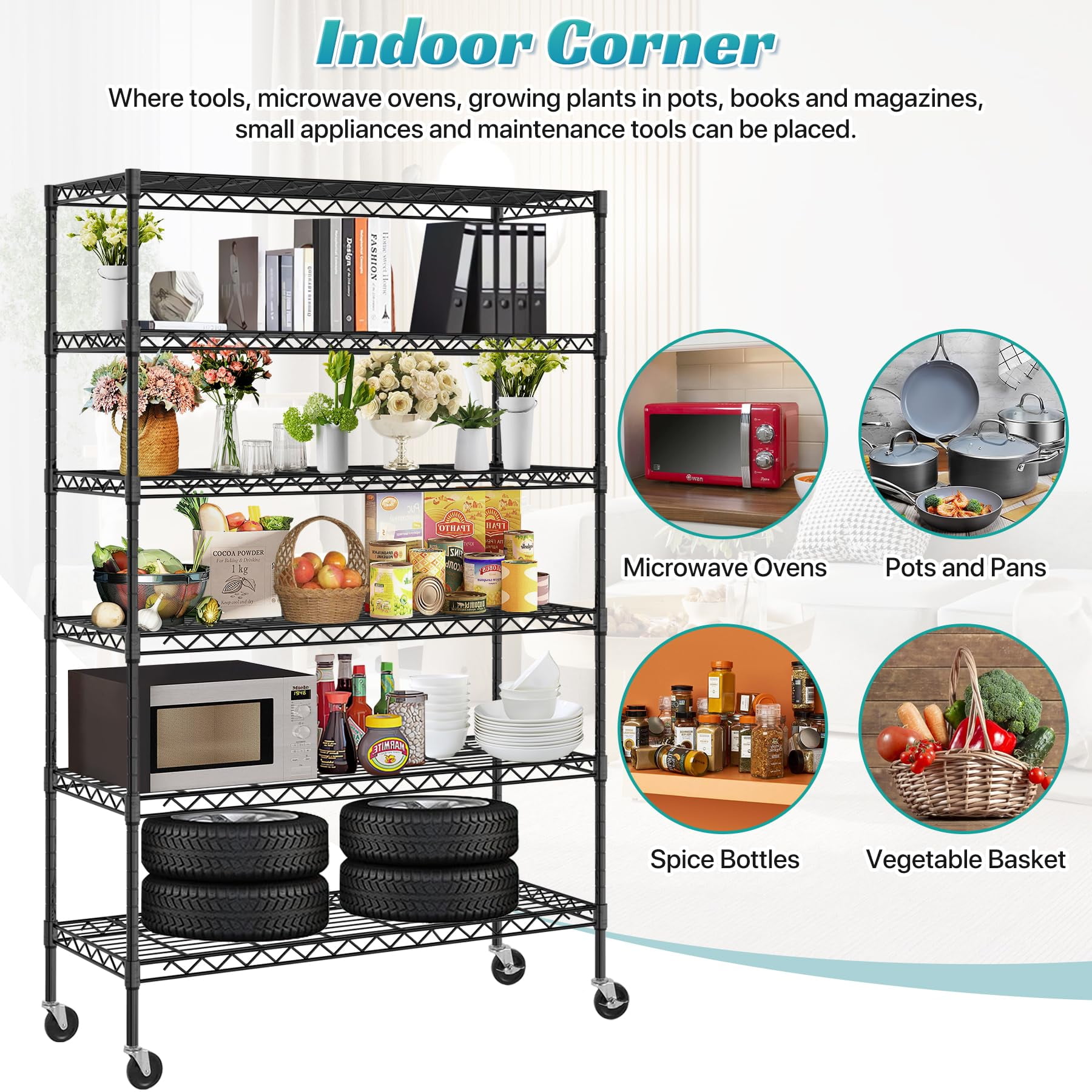 6-Tier Storage Shelves 45" x 18" x 82" Heavy Duty Metal Shelving Unit 2100Lb Capacity Adjustable Storage Racks with Wheels for Basement Commercial, Black