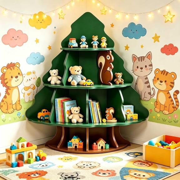 Ktaxon Tree Bookshelf w/ Squirrel Shaped, Wood 4-Tier Corner Bookcase Against Wall, Montessori Toy and Book Shelf Rack for Playroom Boy Girls Gift, Green