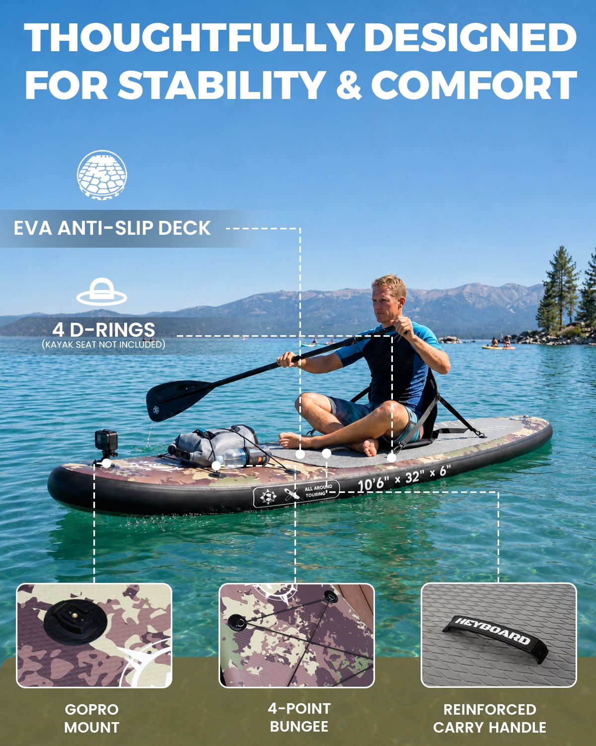 10'6" Inflatable Stand Up Paddle Board for Adults, Non-Slip EVA, Camera Mount, Camouflage