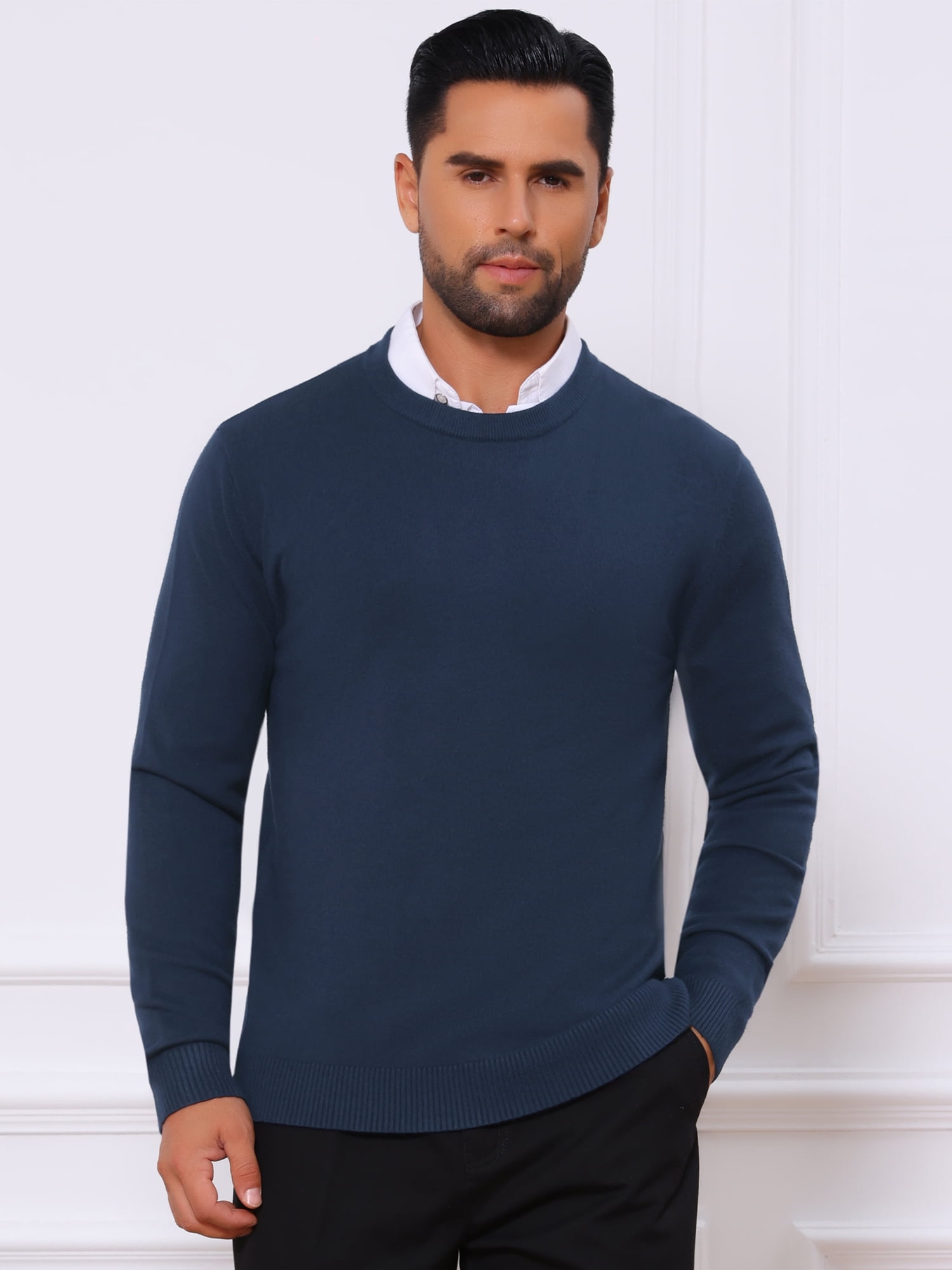 DARING DIVA Men's Solid Crew Neck Long Sleeve Soft Knit Pullover Sweater L Navy Blue