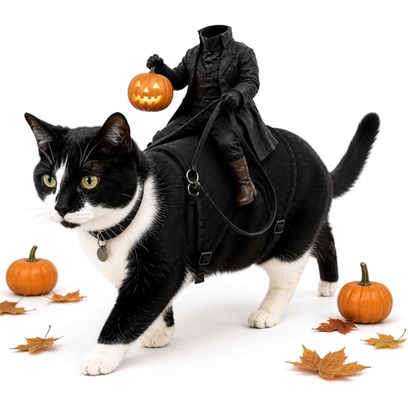 Headless Horseman 3D Illusion Cat Costume, Funny Spooky Riding‑Style Pet Outfit for Halloween Party, Costume Contest & Pet Photos