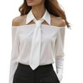 thumbnail image 2 of Women's Tie Neck Off Shoulder Blouse Elegant Long Sleeve Lapel Collar Work Shirts Dressy Casual Office Business Tops White M, 2 of 9
