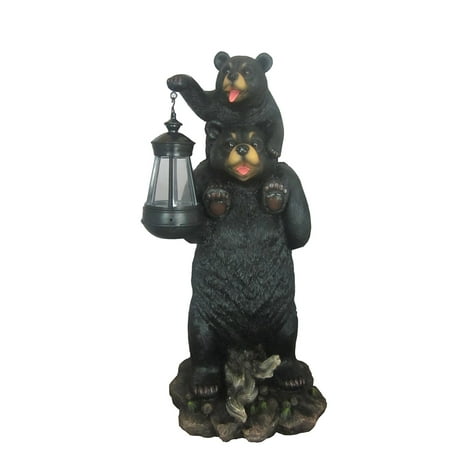 Black Statue With Lantern Bear And Cub Playful Outdoor Statue with Solar Lantern By | Patio And Garden Decorative Sculpture, Cute black adult bear with cub design By DWK ()