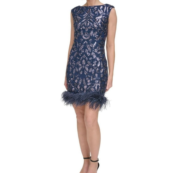 Eliza J Womens Feather Trim Sequin Sheath Dress, blue, 6