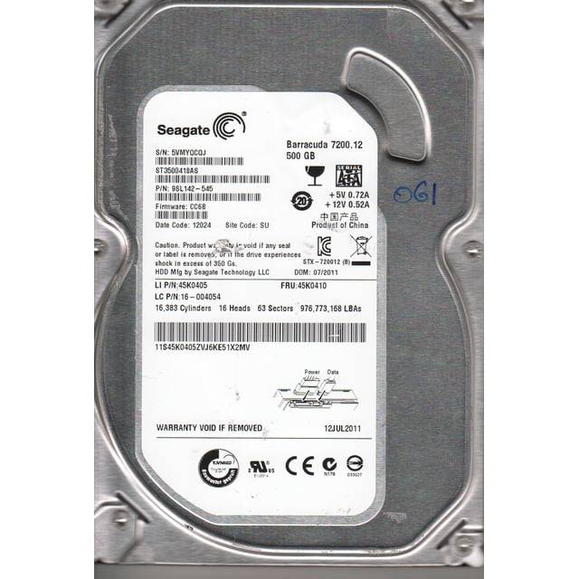 ST3500418AS , 5VM, SU, PN 9SL142-545, FW CC6B, Seagate Disco Duro 3.5 SATA de 500GB