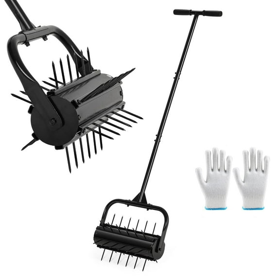 Lawn Aerator Tool, 17” Manual Lawn Aerators Roller, Heavy Duty Rolling Lawn Air Aerator Tool with Spike Row, 58.5” H Grass Lawn Aeration Tool, Yard Tools for Garden, Cropland to Loose Soil