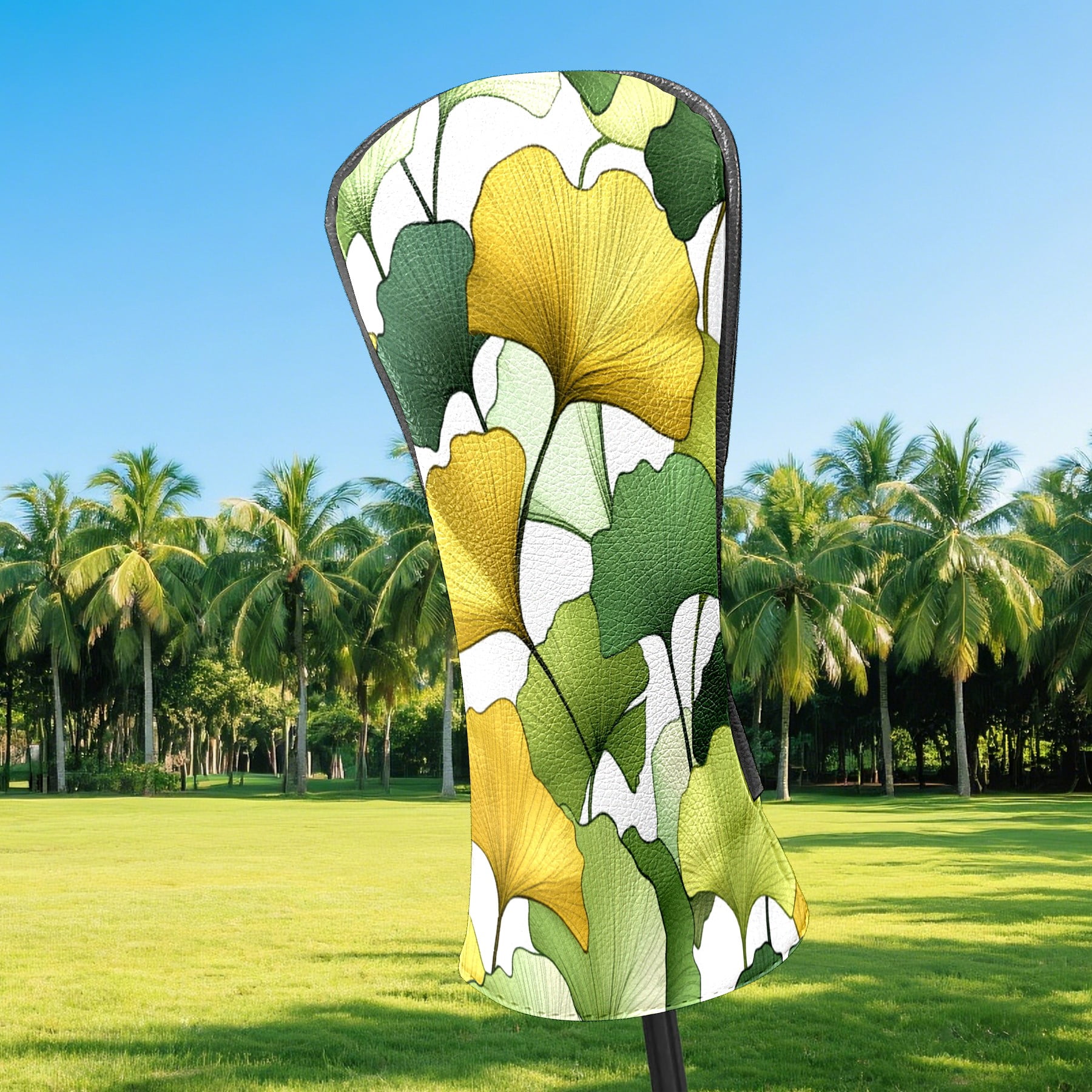 Golf Club Covers PU Leather Waterproof Head Covers for Fairway Woods Hybrids Yellow Green Ginkgo Leaves