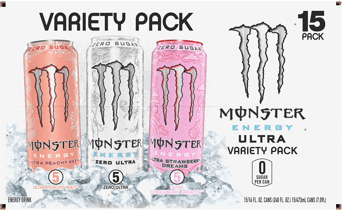 Monster Energy Ultra Variety Pack Energy Drink, Zero Sugar, 15-Pack, 16 Oz Cans