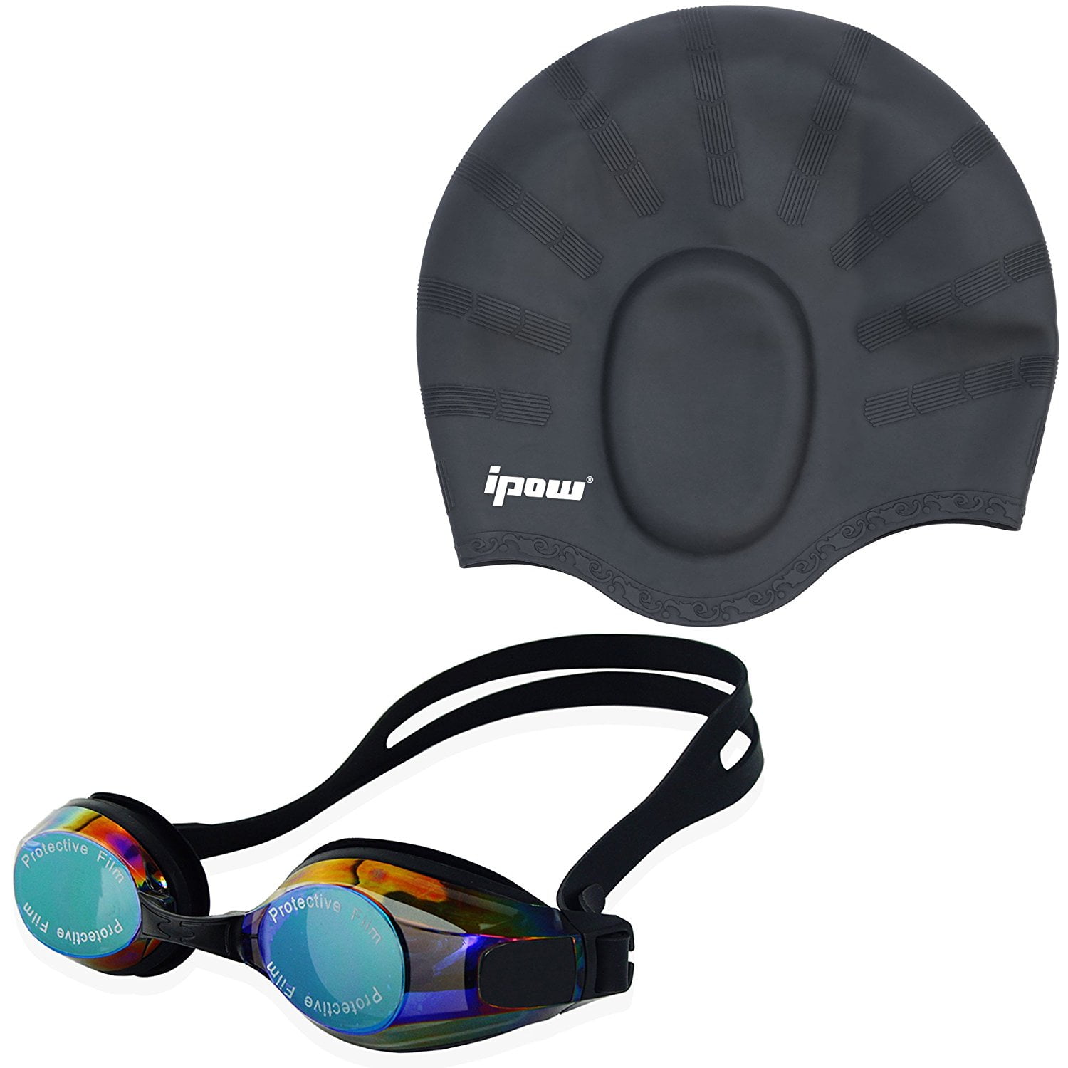 IPOW Swim Cap Swimming Goggles, Swimming Cap for Long Hair Swimming Glasses Anti-fog UV Protection Coated Lens No... by IPOW