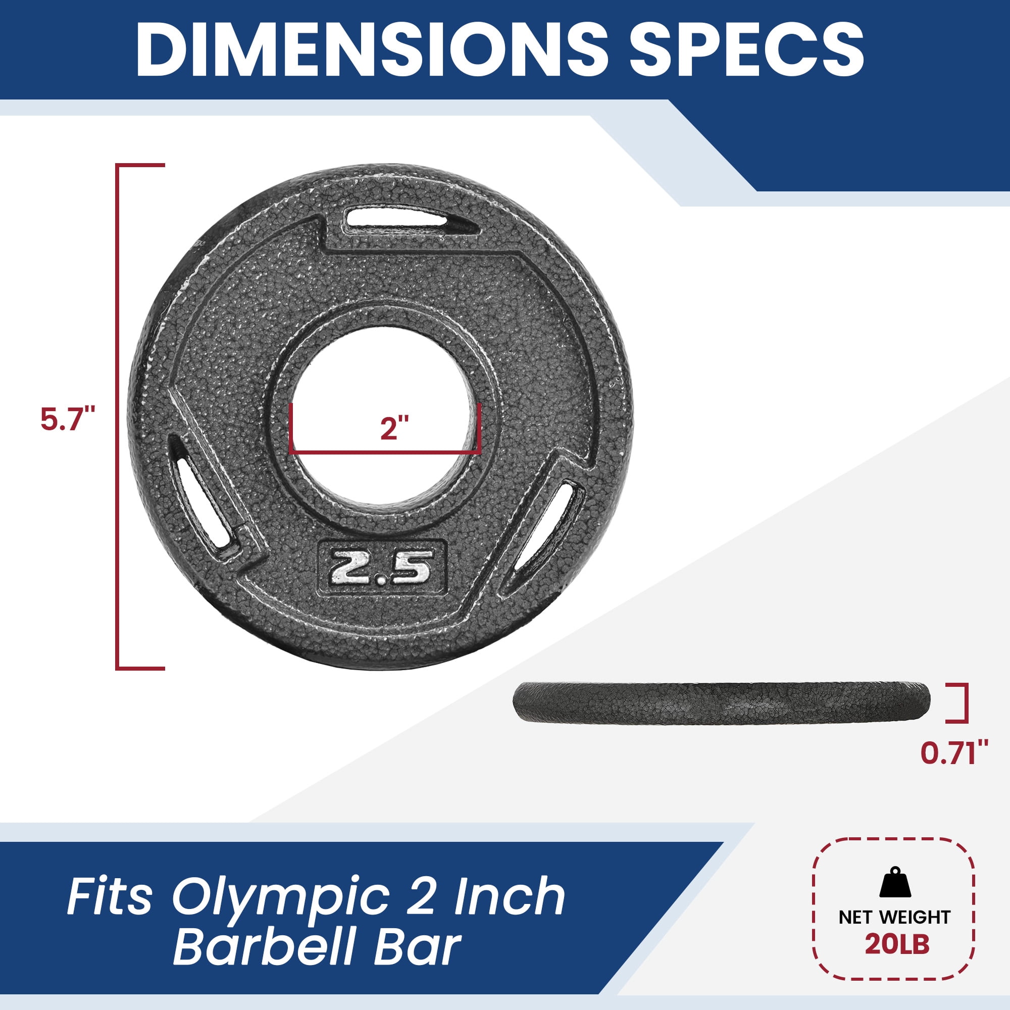FlexWave Cast Iron Weight Plates, 2" Center Hole, Pair Set with 3-Grip Handles, Gray Rust-Resistant Finish