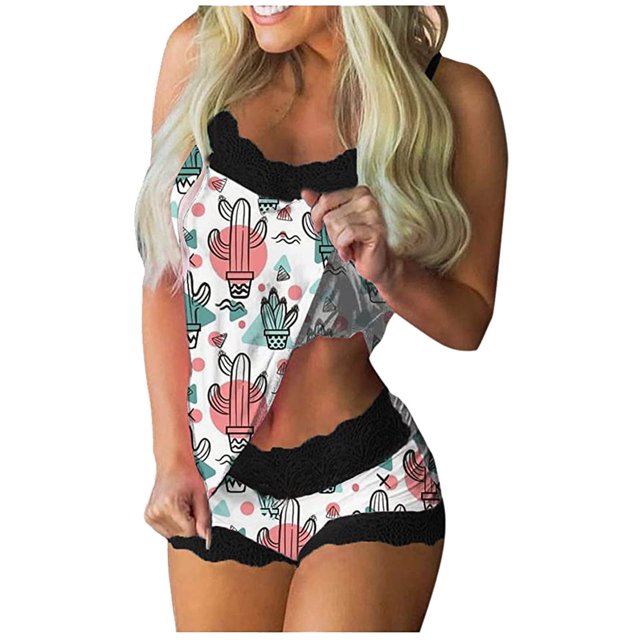Conjunto de pijama sin mangas para mujer Cami y pantalones cortos Estampado Pijama de 2 piezas Lencería sexy Fridja fhjkhfk456430