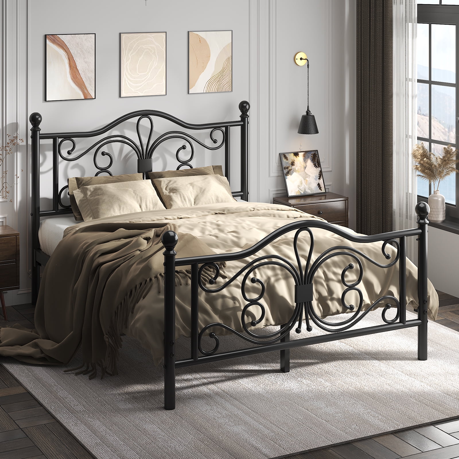 EBERY Full Size Metal Bed Frame with Butterfly Pattern Design Headboard & Footboard, Underbed Storage, Black