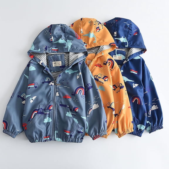 Nilvkv Boys Windbreaker Jacket, Lightweight Hooded Zip-Up Cartoon Print Jacket with Pockets Gray 4-5 Years