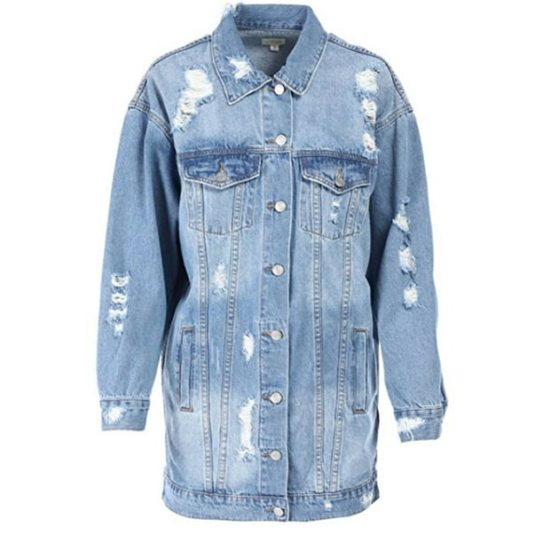 Women's Loose Fit Long Jean Jacket Broken Coat - Light Blue/Medium - Walmart.com