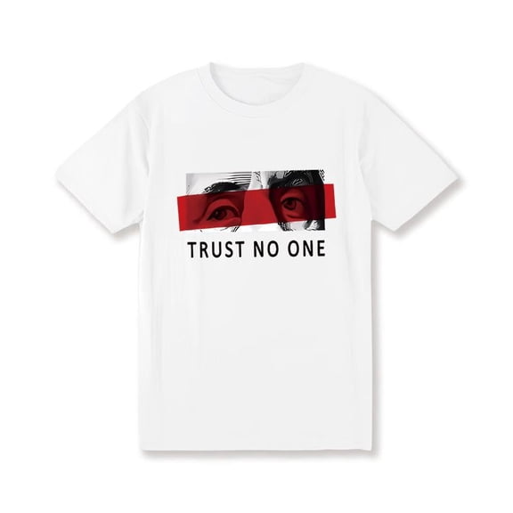 Men'S Extra Large "Trust No One" Graphic T-Shirt - Casual Cotton, Short Sleeve, Loose Version, Red And Black Stripe Design, Machine Washable, Large Size 100% Cotton -180G Print Pattern