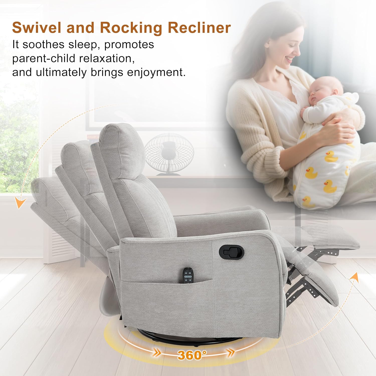 AENKYO Swivel Recliner Chair, Manual Rocking Massage Chair, Heated for Adults, for Living Room,Light Gray Chenille