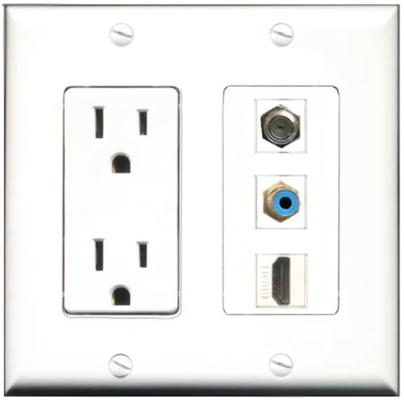 RiteAV - 15 Amp Power Outlet 1 Port HDMI 1 Port RCA Blue 1 Port Coax Decorative Wall Plate